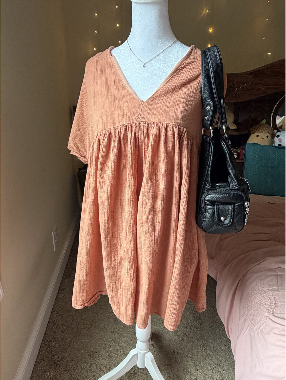 Listicle terracotta / dusty rose crinkle gauze mini dress.
